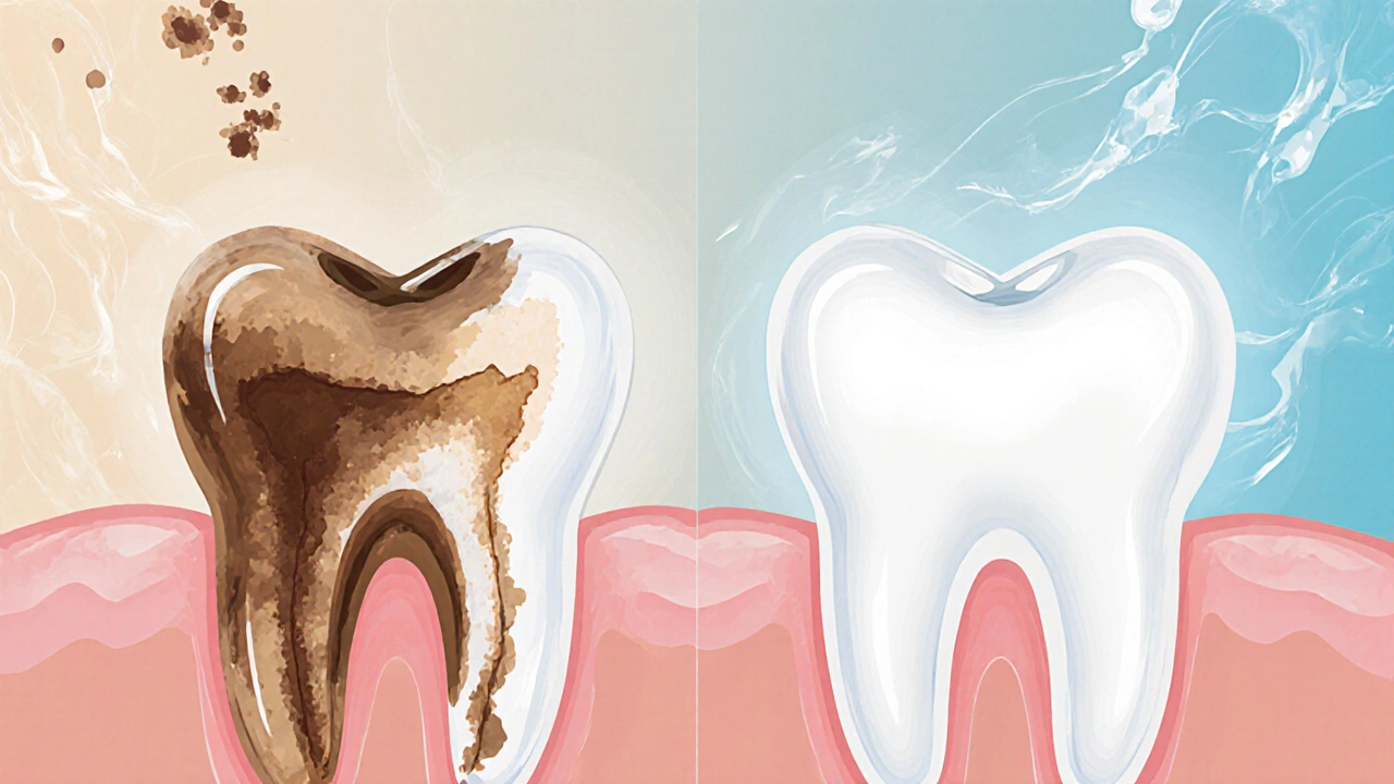 Porovnání zubu před a po bělení: tmavé skvrny se mění na jasné, bílé zuby.