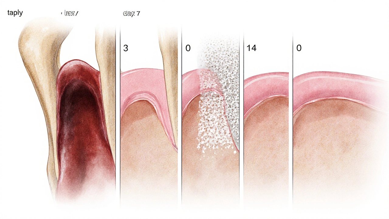 Postupné hojení jamky po extrakci: od tmavé sraženiny k bílé granulační tkáni a nakonec hladké dásni.