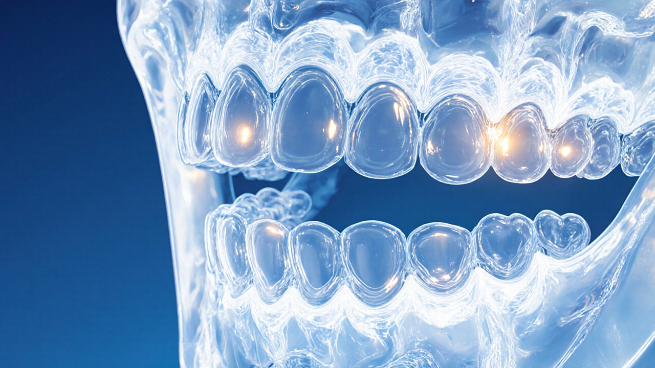 Přehledná ilustrace čelisti s průhlednými rovnátky, která postupně vyrovnává křivé zuby.