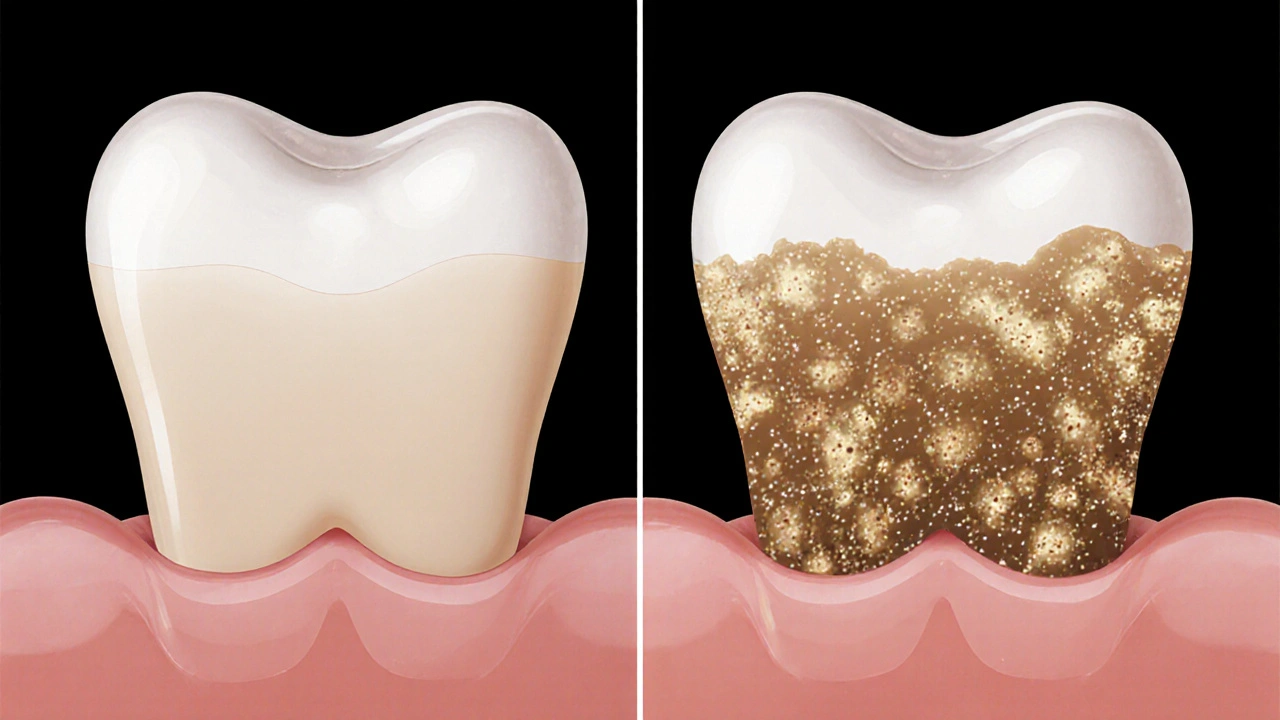 Přeměna měkkého plaku na tvrdý zubní kámen během 14 dní.