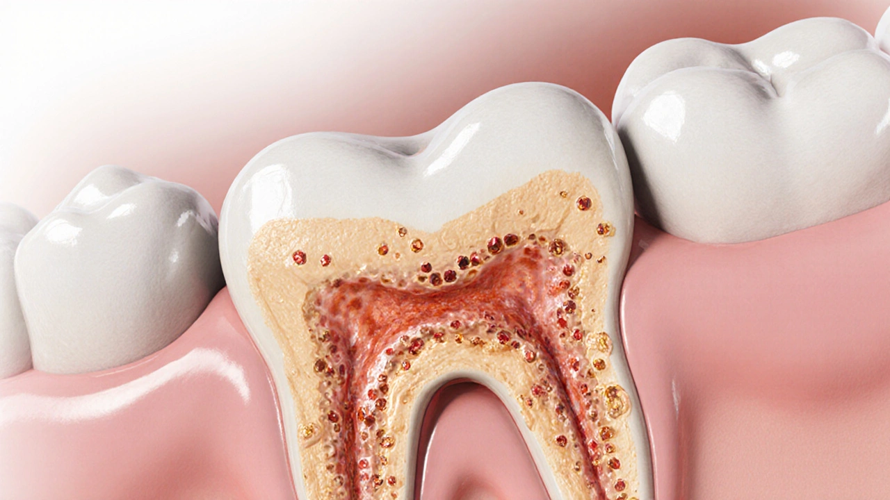 Příčný řez zubem s ničenou kostí a bakteriemi pod dásněmi.