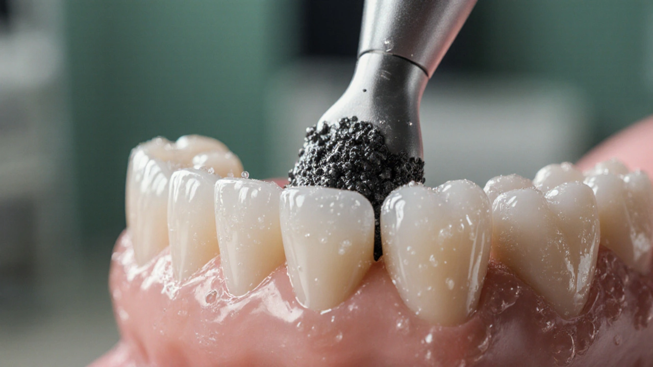 Profesionální odstranění černého zubního kamene pomocí ultrazvukového zařízení.