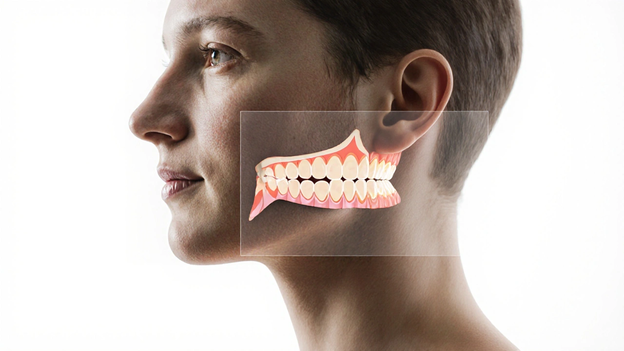 Profily obličeje: jedna strana s opotřebovanými zuby a zhroutenou tváří, druhá s plnou čelistí a zdravými zuby, symbolizující obnovu.