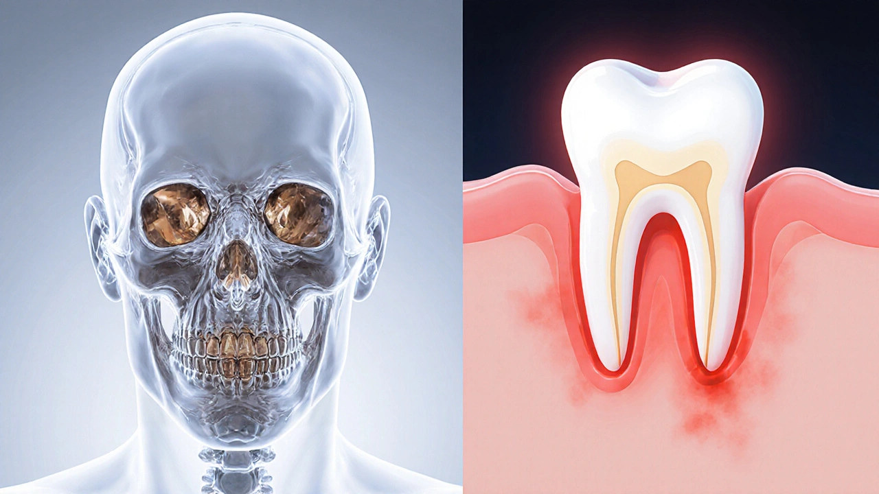 Průhledná lebka s moláry jako kameny na mletí potravy a zánětem dásní