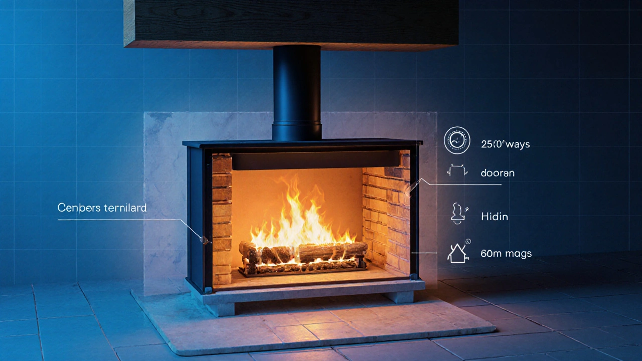 Průřez krbové kamny s vrstvami izolace a skrytým dřevěným rámem zahřátým na nebezpečnou teplotu.