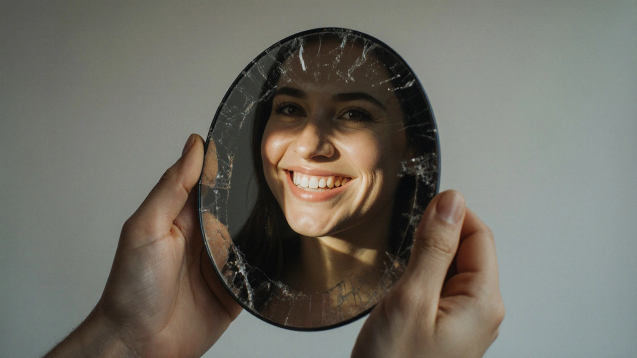 Ruce drží zrcadlo, v němž se odráží zářivý úsměv — prasklé rámečky zrcadla symbolizují překonání nejistoty.