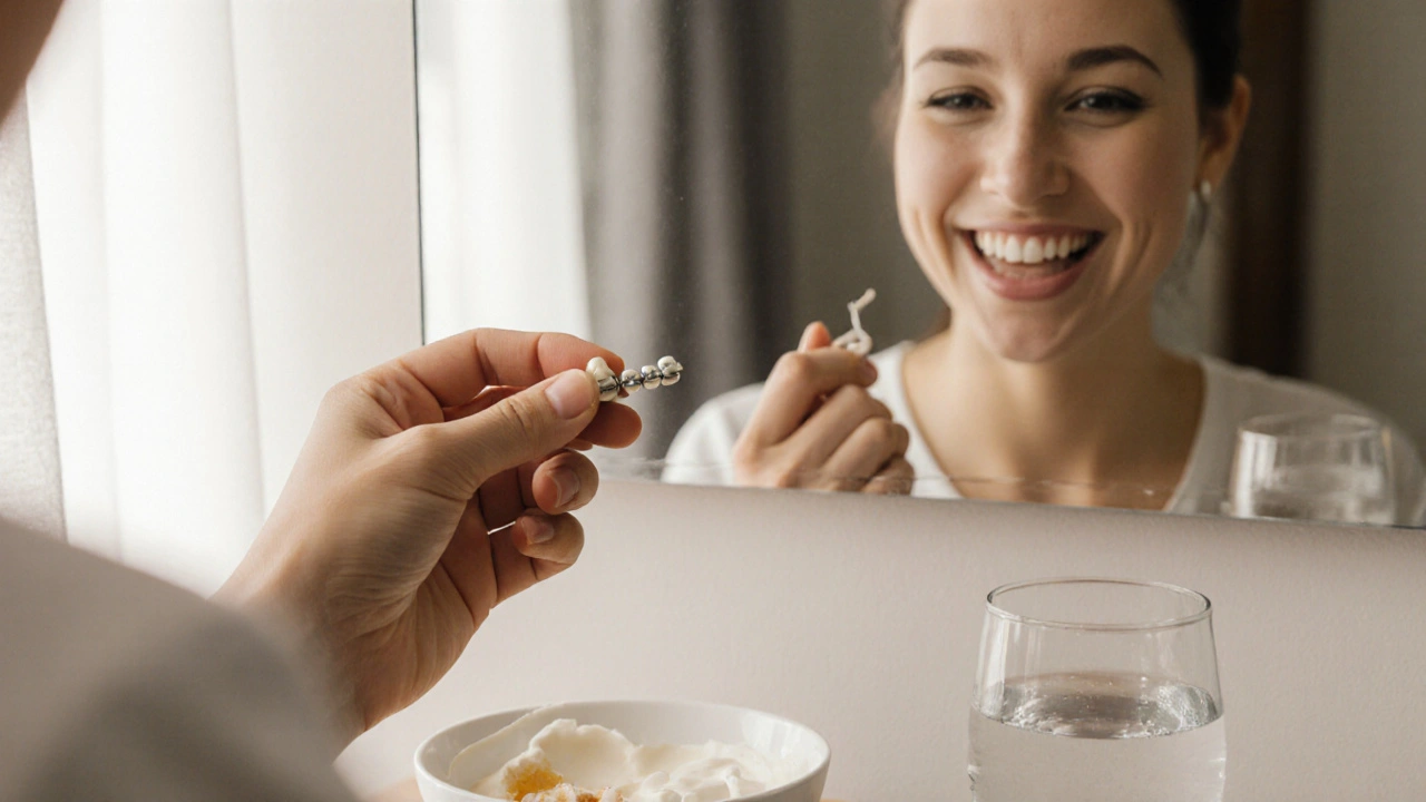 Ruka přilepuje ortodontický vosk na zubní závěs s odrazem úsměvu ve zrcadle.