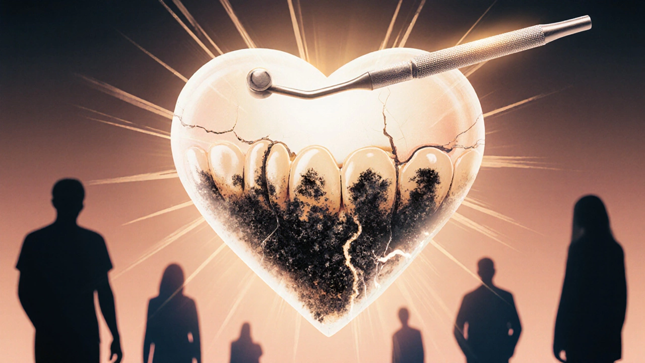 Srdce z emalové hmoty s černými skvrnami, kolem něj se odvrací postavy, zatímco lékařský nástroj září.