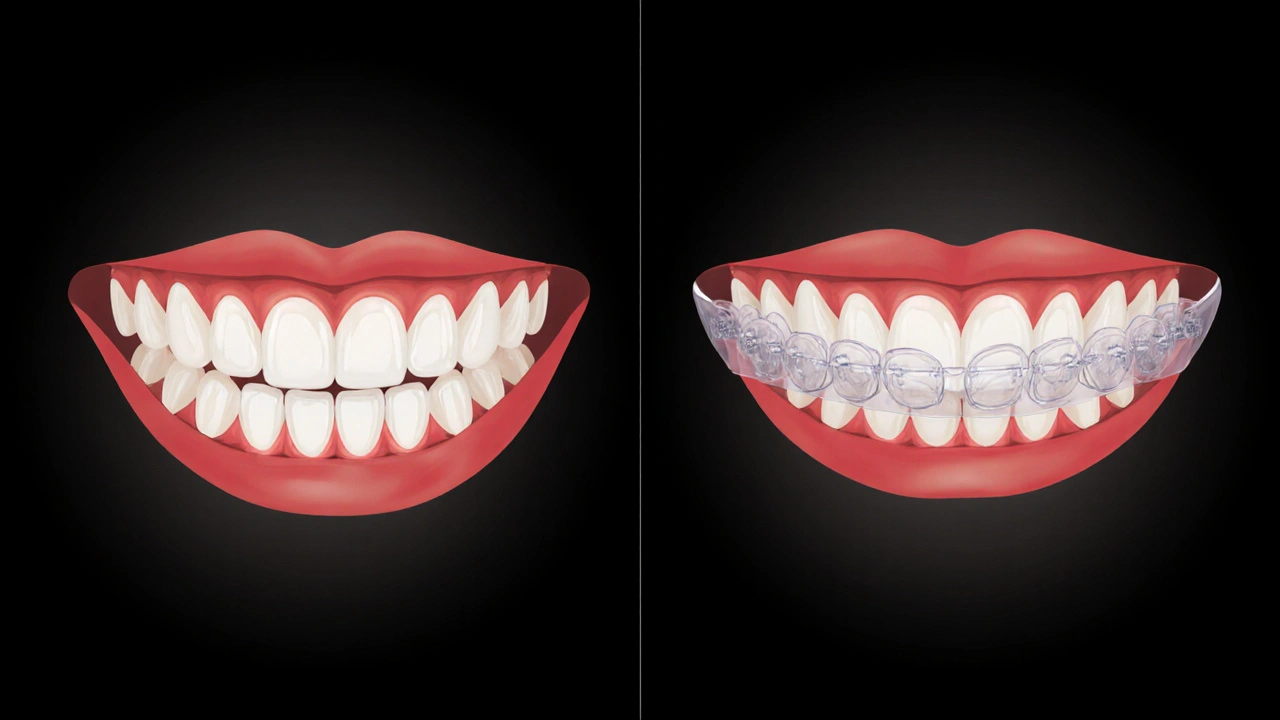 Srovnání špatně zařazených a správně zarovnaných zubů s retentorem.