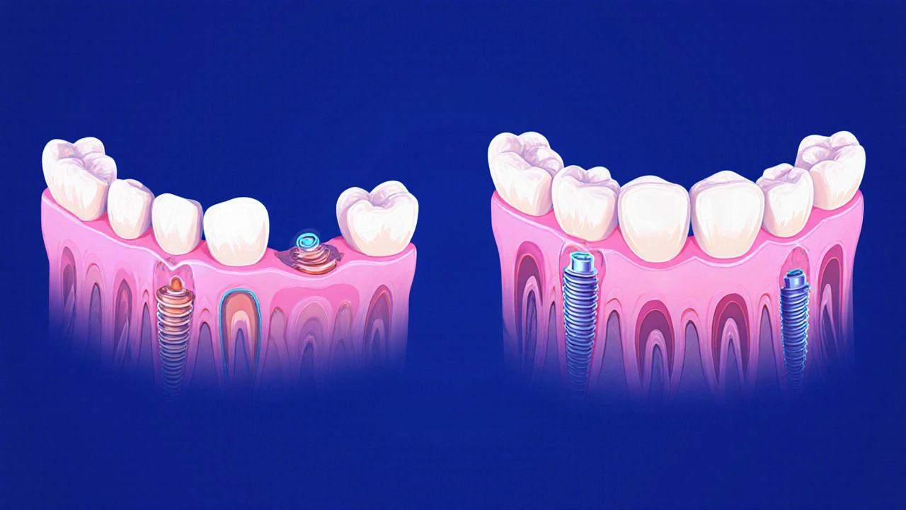 Srovnání zdravé a poškozené čelisti s chybějícím molárem a implantátem.