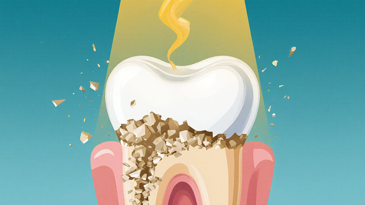 Symbolický obraz staré plomby, která se rozpadá, a nové, čisté obnovy zubu