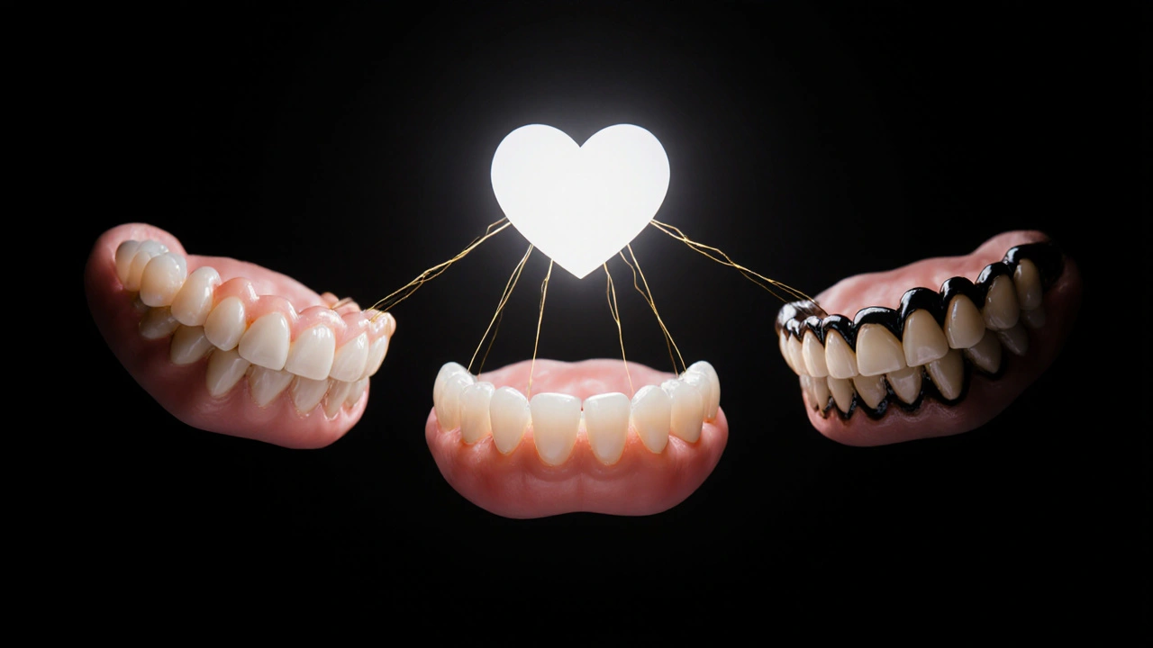 Tři páry zubů v lehkém roztříštění: jedny bílé, jedny šedé a jedny tmavě pruhované s tenkou keramickou vrstvou nad nimi.