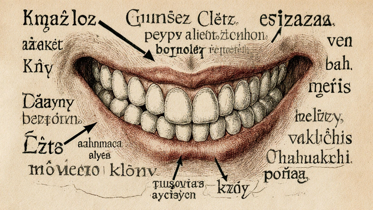 Vintage ilustrace čelisti s českými názvy zubů a jejich funkčními analogiemi jako nástroje.