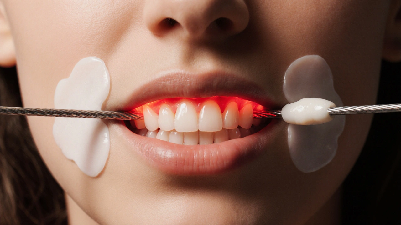 Vnitřní pohled na zuby pod tlakem kovového drátu s voskovými podložkami.