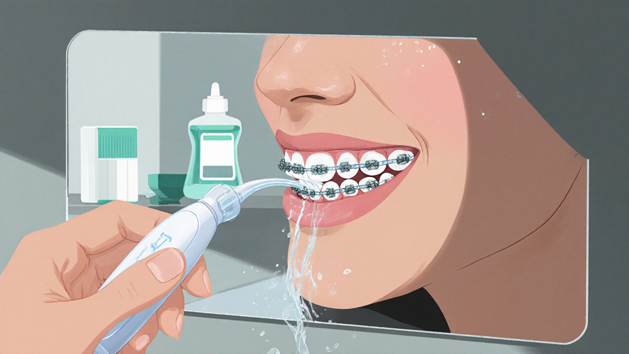 Vodní čistička odstraňuje zbytky potravin mezi zuby a rovnátky, v pozadí fluoridový výplach.