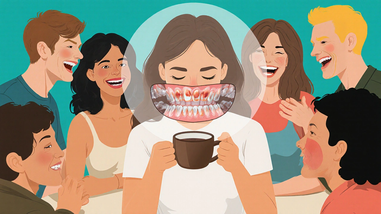 Žena se snaží skrýt úsměv ve společnosti, když se bojí, že uvidí její zbarvené zuby.