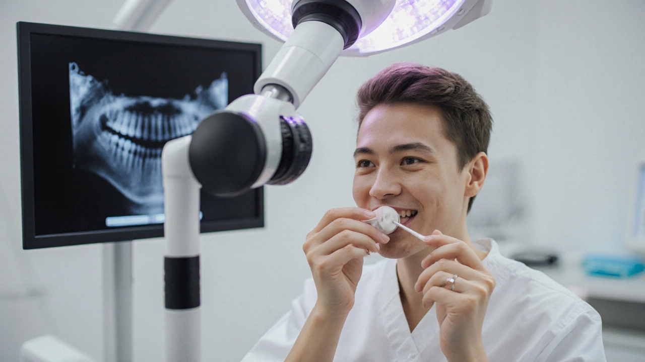 Zubní lékař prohledává zub s poškozenou plombou pod zvětšovací lampou