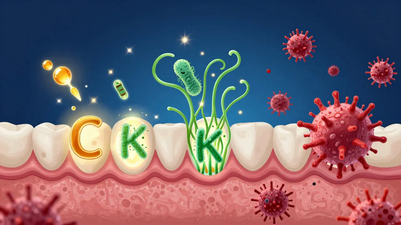 Abstraktní znázornění zdravého dásňového tkáně napájené vitamínem C, K a probiotiky, které odrazují bakterie.