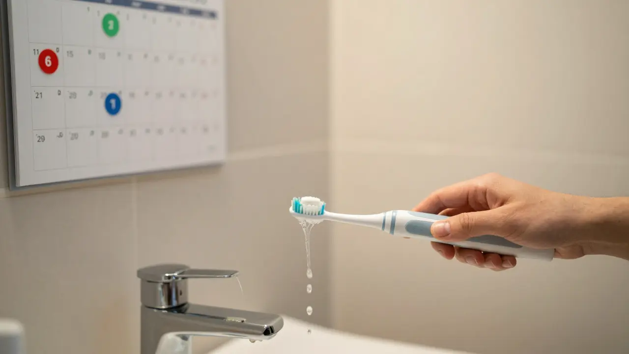 Člověk čistí zuby elektrickým kartáčkem s vodou