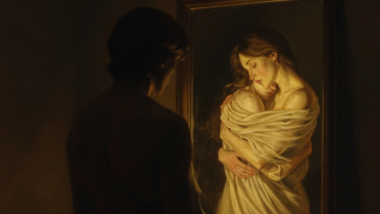 Člověk hledí do zrcadla, kde jeho odraz je objatý, zatímco on sám zůstává ve stínu.