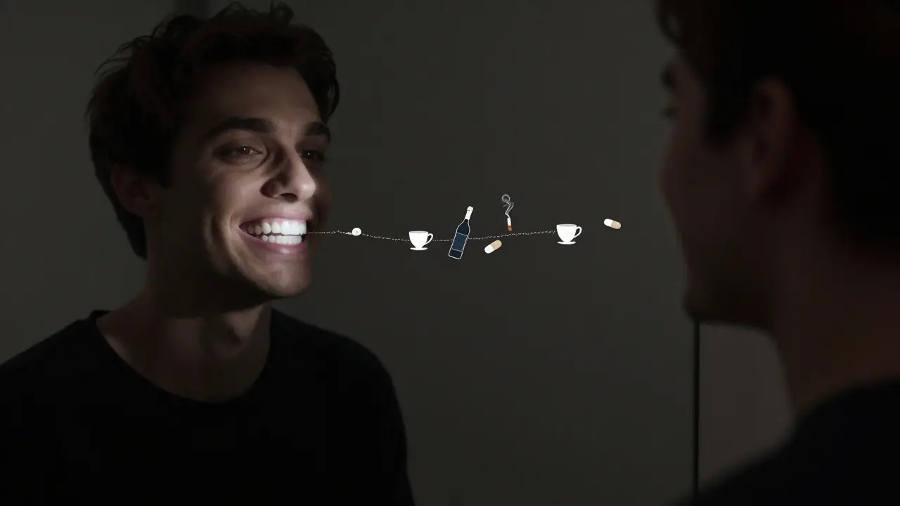 Člověk u zrcadla s kontrastem mezi bílým odrazem a tmavými skutečnými zuby.