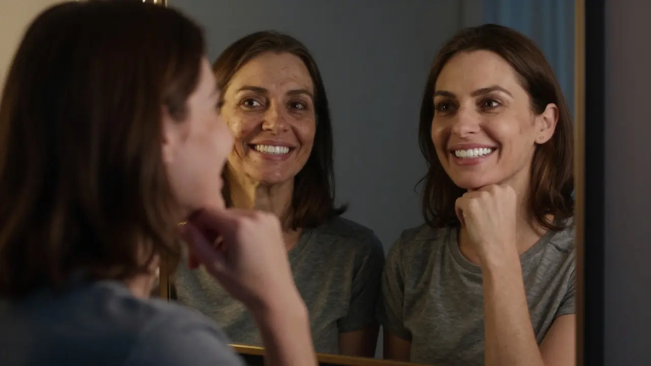 Člověk v zrcadle vidí dvě verze svého úsměvu: jeden tmavý a nepravidelný, druhý jasný a dokonalý.