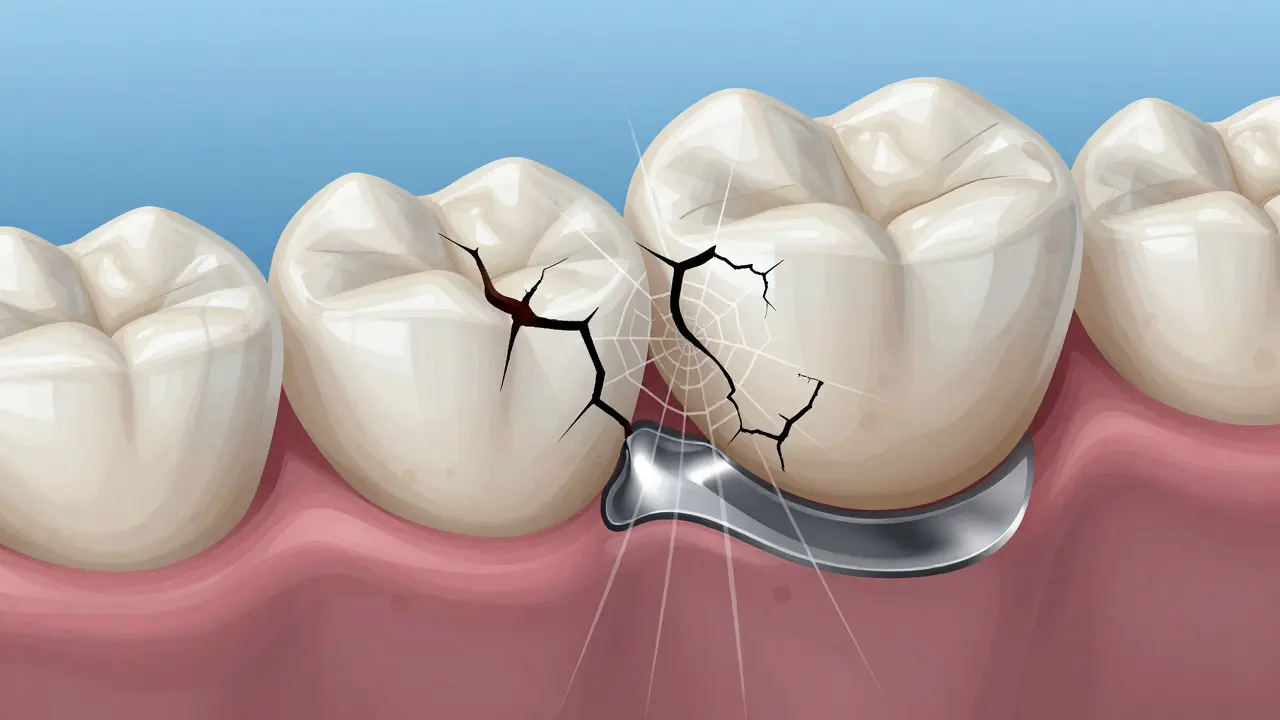 Cross-section of ceramic dental crown with internal cracks spreading toward metal core.