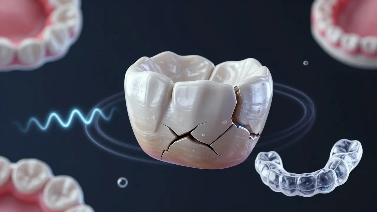 Detached ceramic veneer with plaque and temperature sensitivity effects.