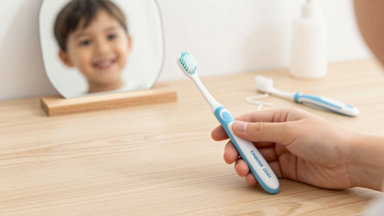 Dětský a dospělý Curaprox kartáček vedle sebe s odrazem šťastného dítěte ve zrcadle.