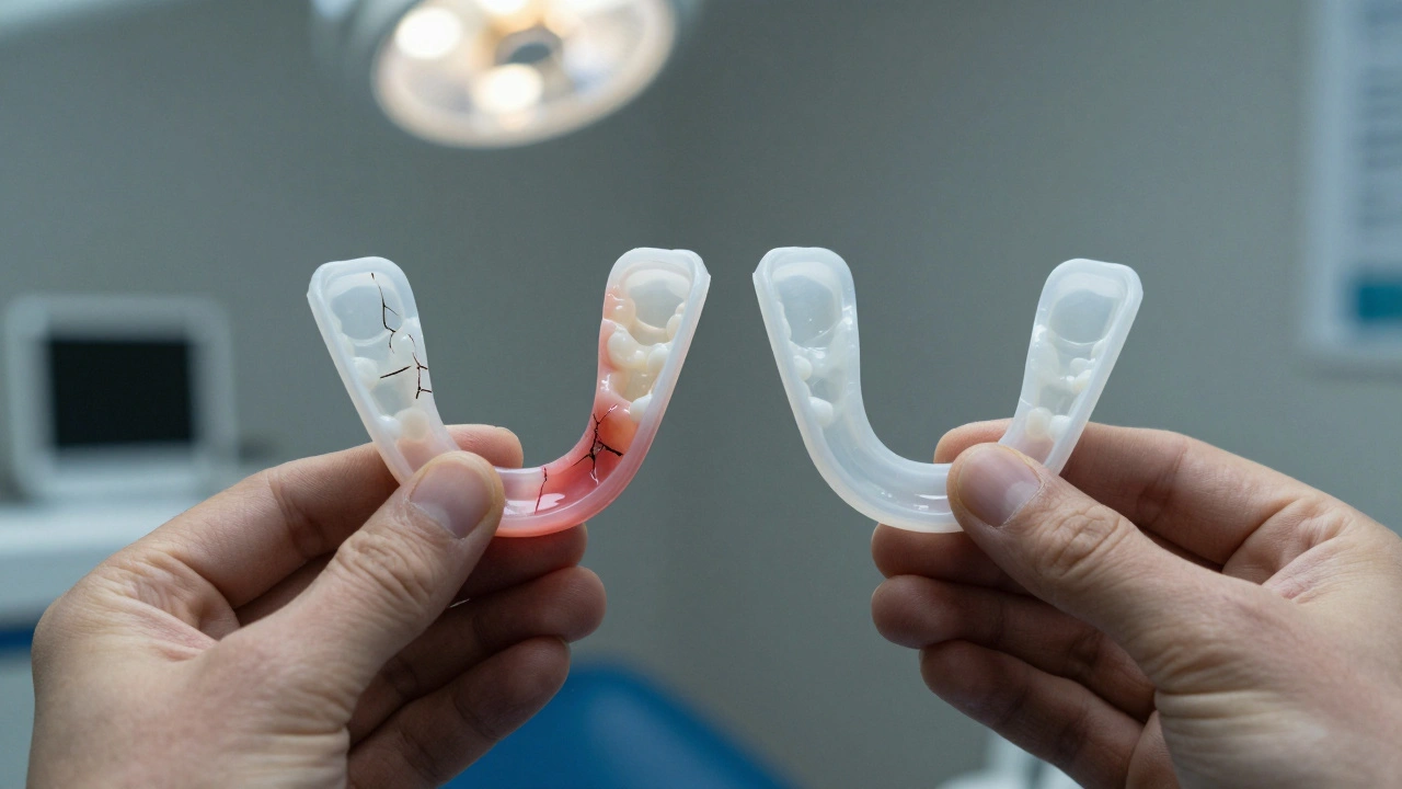 Dvě bělící formy: jedna špatně přizpůsobená s iritací dásní, druhá správně nasazená.