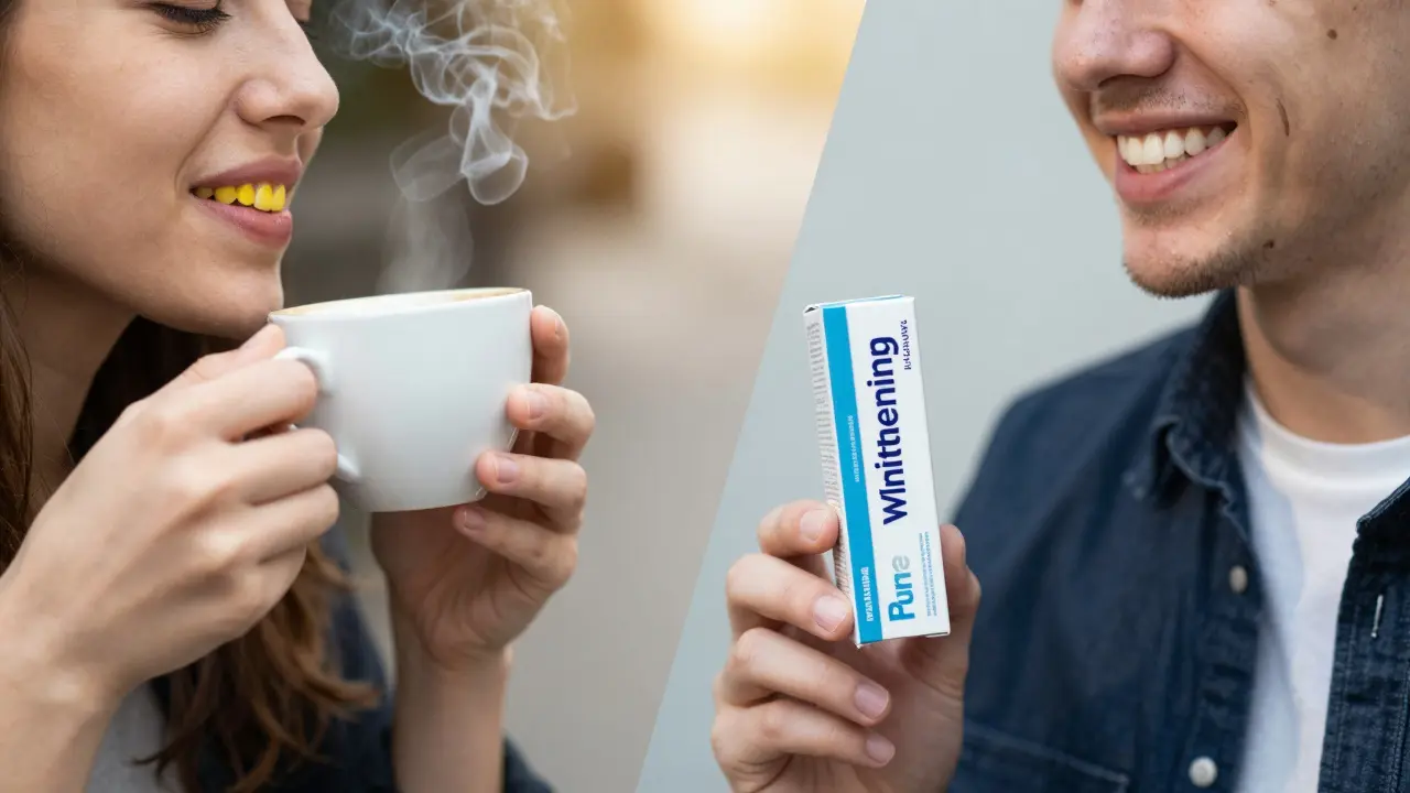 Dvě cesty: šedé zuby s kávou a tabákem proti bílým zubům s bělícím produktem.