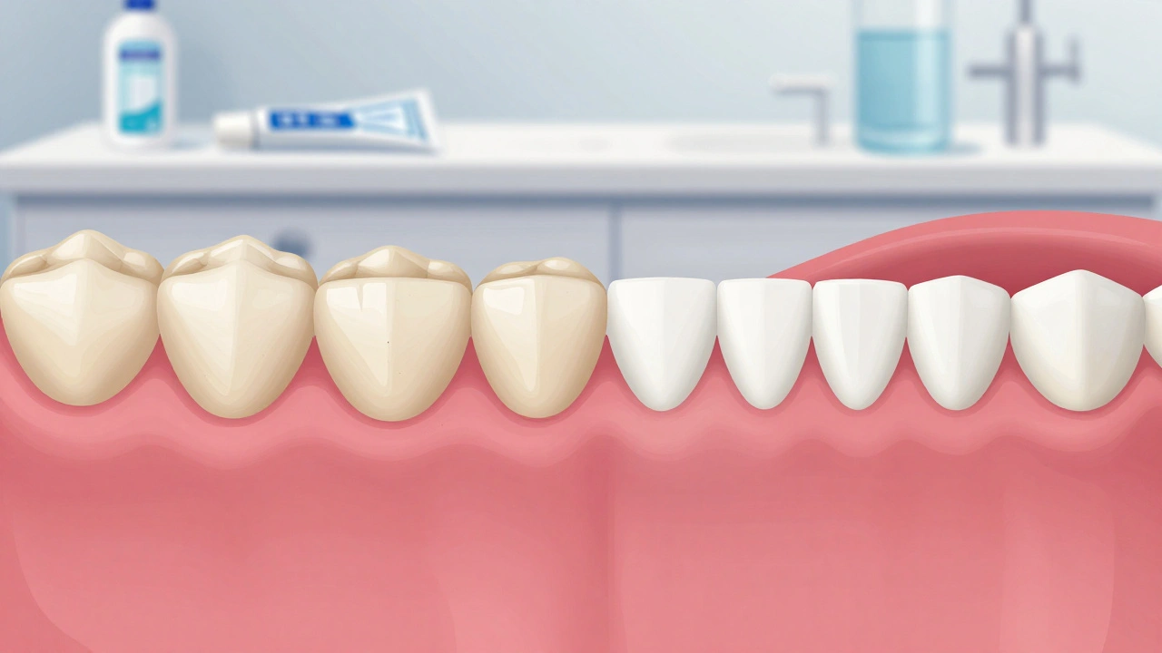 Dvě sady zubů: jedny žluté s nánosy, druhé osvěžené, s nezměněnými plombami.