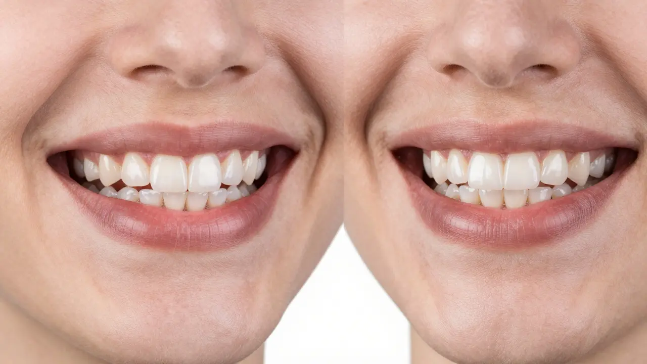 Dvě srovnávací snímky úsměvu: jedna s nesouladem barvy korunky a zubů, druhá s dokonalým přizpůsobením po 14 dnech.