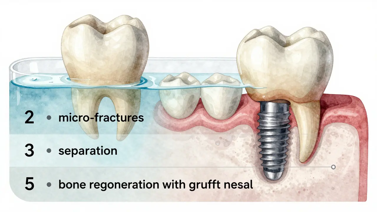Fragmented ceramic tooth next to implant with bone regeneration layers.
