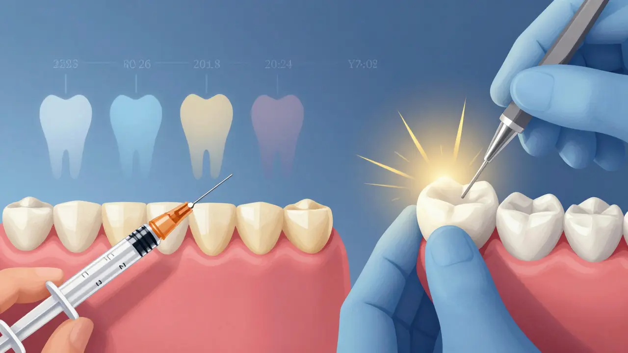 Ilustrace srovnávající bělení zubů (přechodný efekt) a lepení veneerů (trvalá úprava) v jedné scéně.