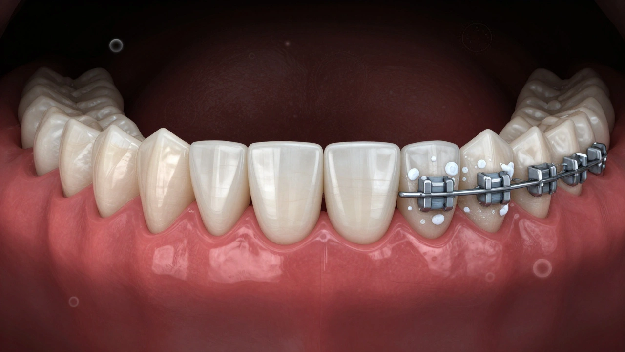 Kontrast mezi zdravými zuby a bílými skvrnami po odstranění rovnátek.