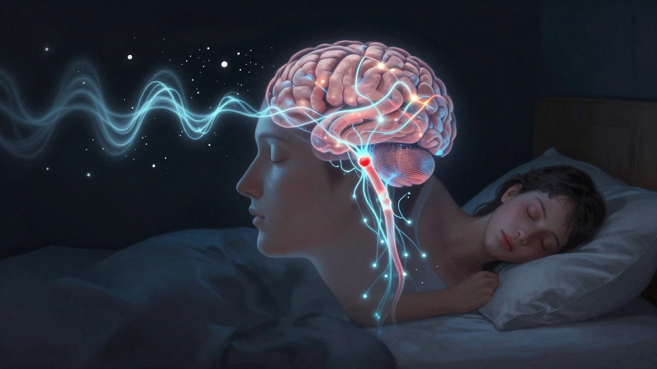 Kytokiny zánětu z dásní cestují do mozku a ruší spánek, znázorněno světelnými vlnami.