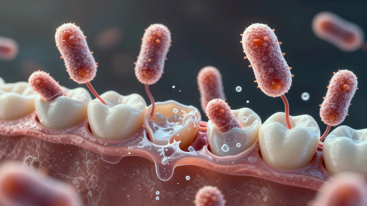 Mikroskopický pohled na bakterie ničící dětskou sklovinu zubu.