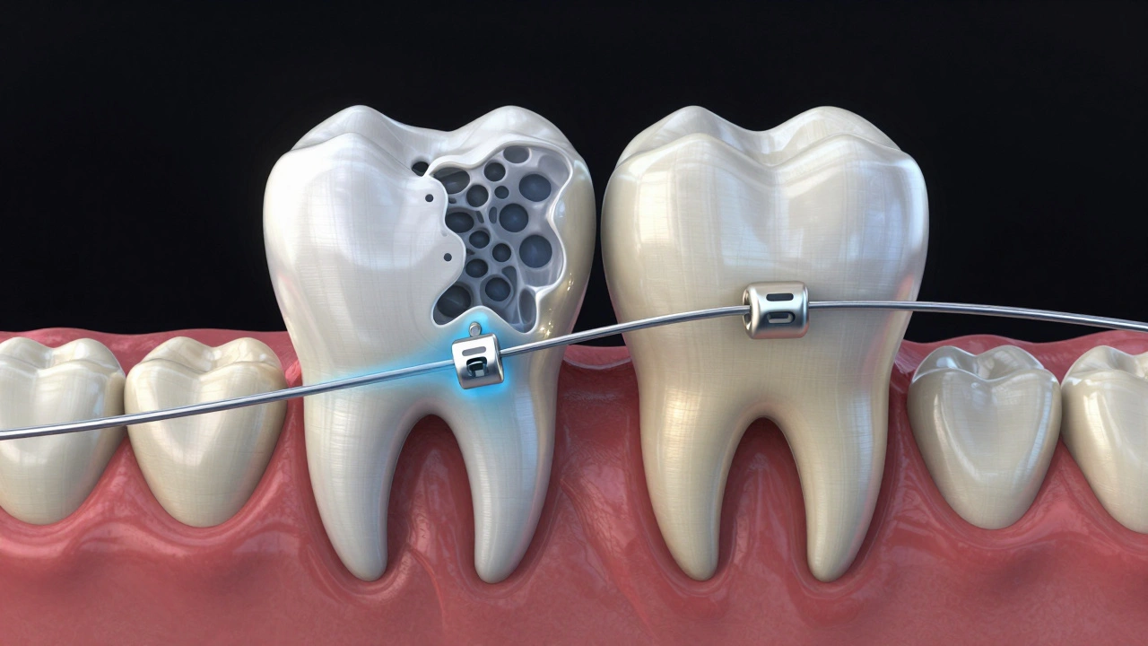Mikroskopický pohled na remodelaci kosti kolem zubu během ortodontické léčby.