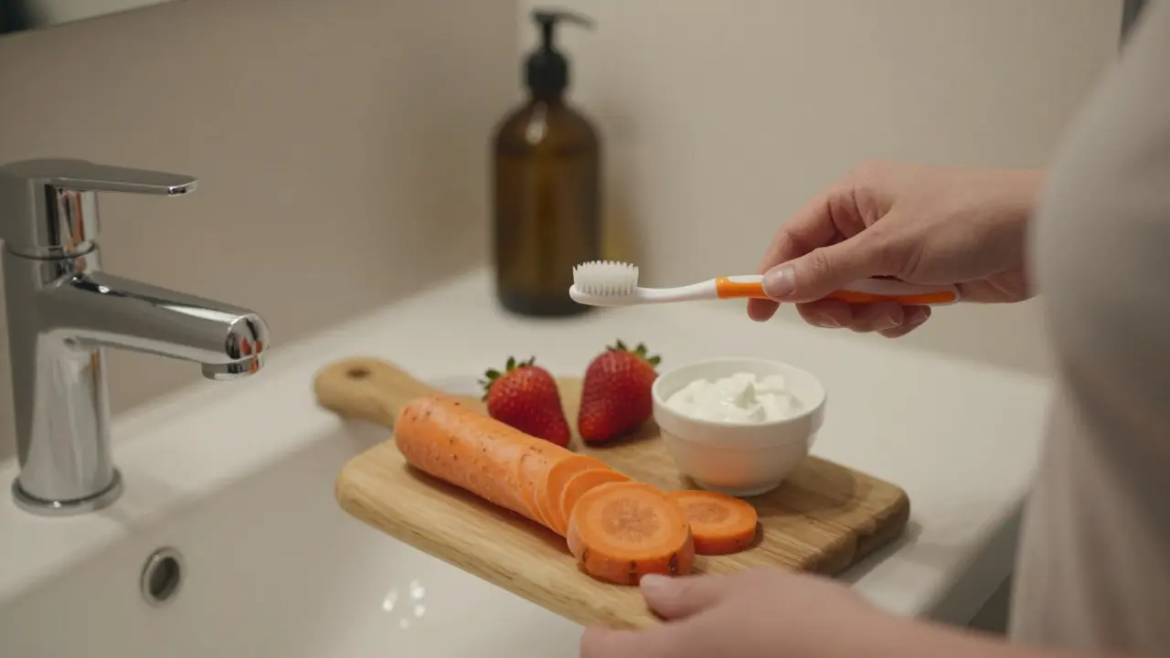 Osoba čistí zuby při světle dne, vedle ní na stole jsou zdravé potraviny pro dásně.