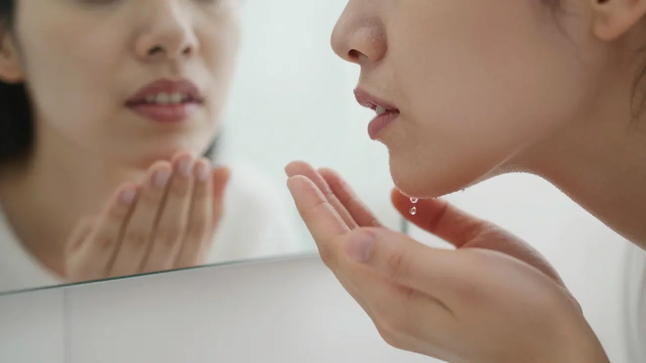 Pacient pláchne ústa solným roztokem, zrcadlo odrazuje zdravé dásně a fazety.