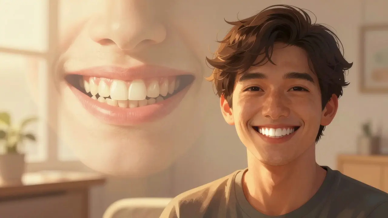 Person smiling with radiant ceramic veneers, fading past smile in background.
