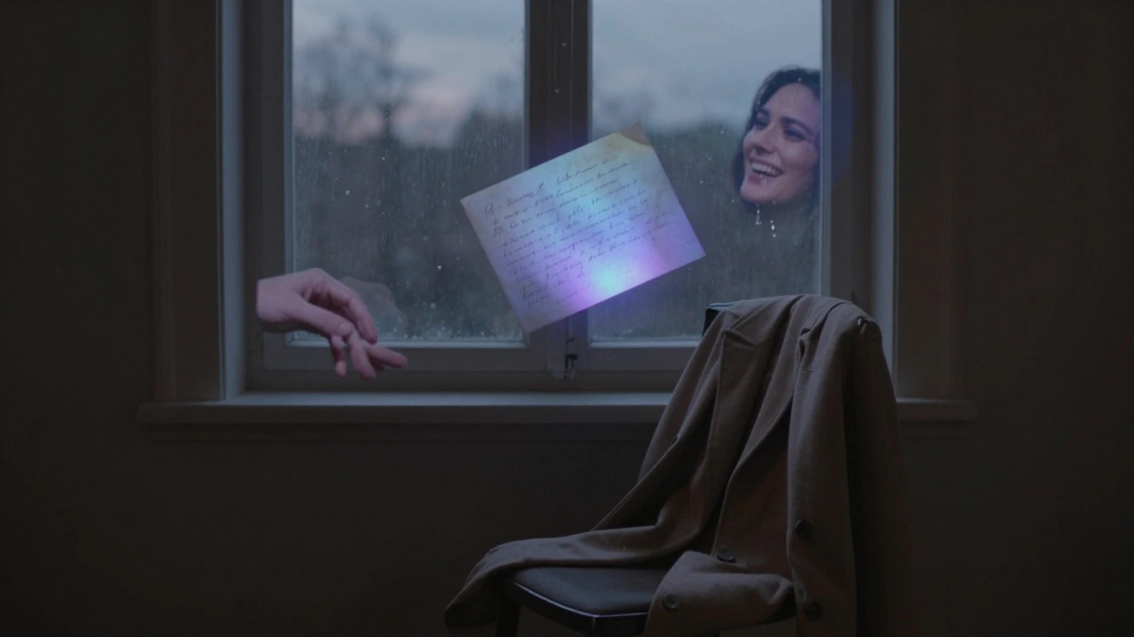 Prázdný židle u okna v soumraku, kolem ní se vznáší tajemné záblesky vzpomínek na lásku.