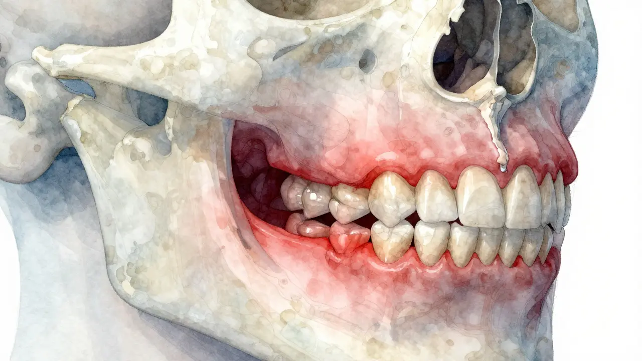 Přední zuby s ničenou kostí kolem kořenů, zánět se šíří do čelisti.