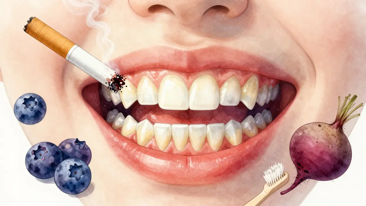 Přehled vnitřní struktury zubu s odhaleným žlutým dentinem a symboly ztmavování.