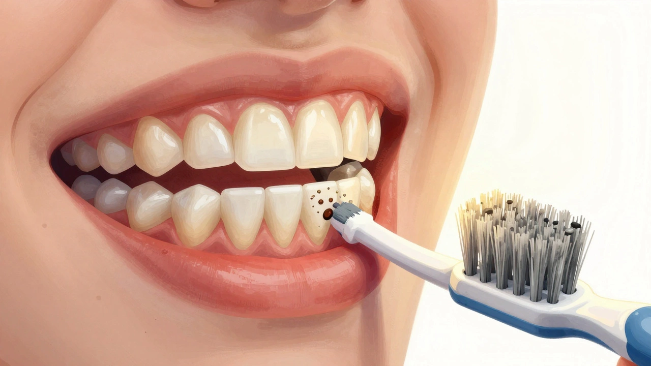 Přehledná ilustrace, jak Curaprox štětiny čistí mezi zuby a pod dásněmi.