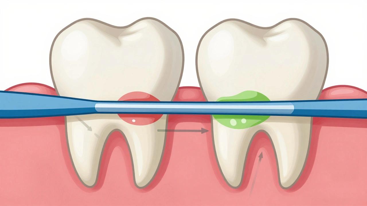 Přehledový nákres správného pohybu mezizubního kartáčku mezi zuby.