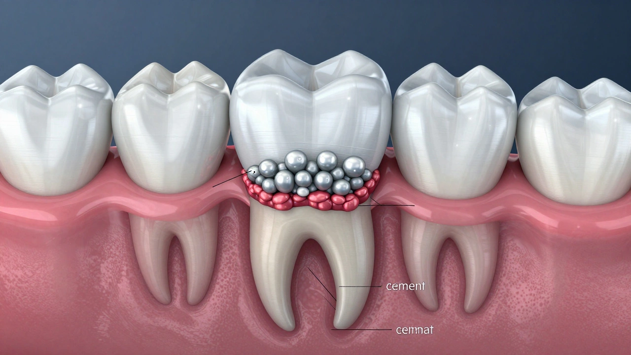 Příčný řez zubu s zirkonovou korunkou a kamenem na hranici s přirozeným zubem.