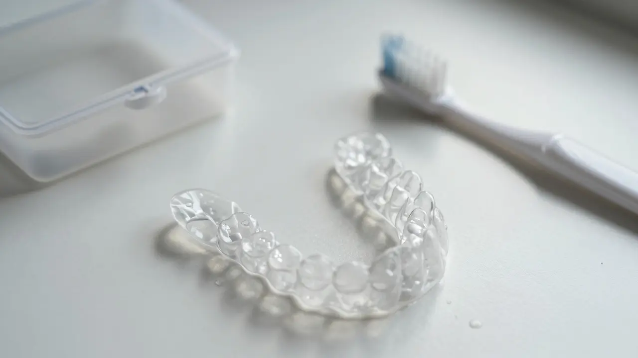 Průhledná zubní rovnátka leží na stole vedle kartáčku a krabičky, osvětlená jemným světlem.