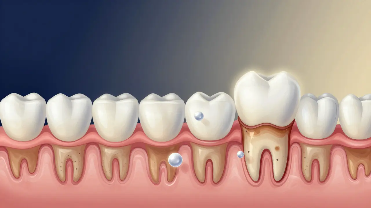 Průřez zubu ukazující, jak kyslík z bělicího gelu postupně rozkládá tmavé pigmenty ve sklovině.